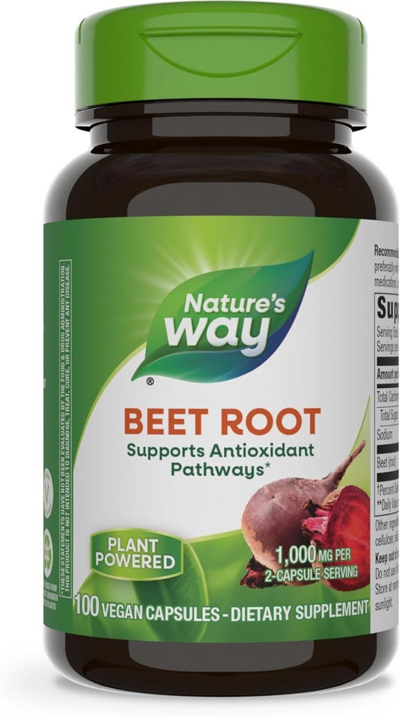 Nature's Way Beet Root Capsules, supporte les chemins antioxydants*, aide à neutraliser les radicaux libres*, 1000 mg par 2-Capsule Serving, Vegan, 100 Compte (Packaging May Vary)