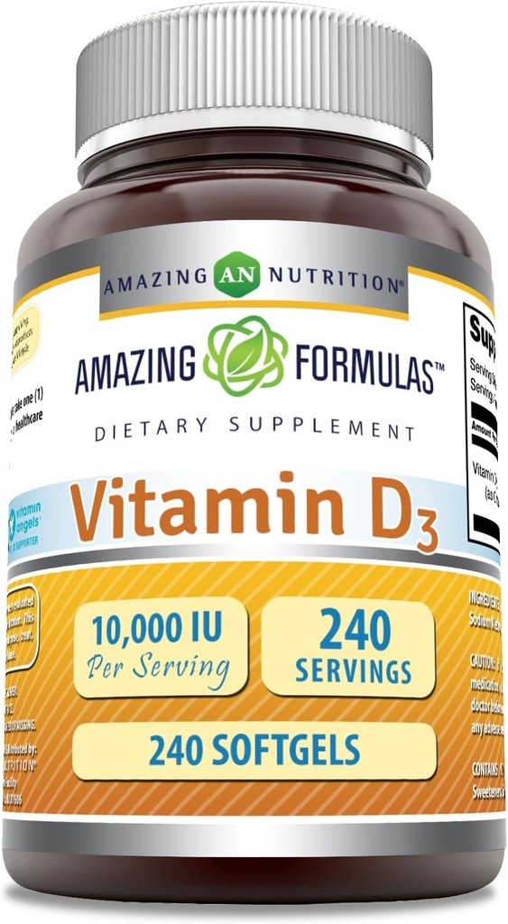 Amazing Formulas Vitamin D3 (Cholecalciferol) Supplement | 10,000 IU | 240 Softgels | Non-GMO | Gluten-Free | Made in USA