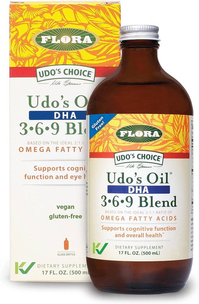 Flore - Huile d'Udo Mélange DHA 3-6-9 - Supplément santé des yeux et du cerveau végétarien - Omega-3 et Omega-6 - Contient de l'huile de tournesol et de lin - Kosher & Organic - Gardez refroidi - 17 fl. oz.