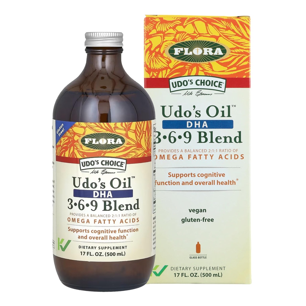 Flore - Huile d'Udo Mélange DHA 3-6-9 - Supplément santé des yeux et du cerveau végétarien - Omega-3 et Omega-6 - Contient de l'huile de tournesol et de lin - Kosher & Organic - Gardez refroidi - 17 fl. oz.