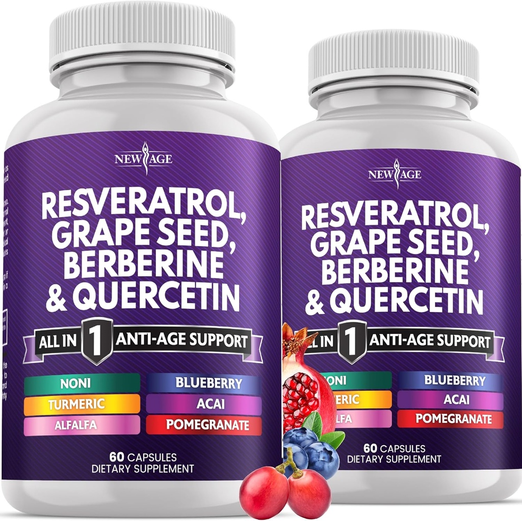 NOUVELLE AGE Resvératrol, Berberine, Extrait de graines de raisin, Quercetin, Supplément de polyphénol pour les femmes et les hommes avec extrait de noni, N-acétyl Cystéine, Extrait d'açai - 120 capsules