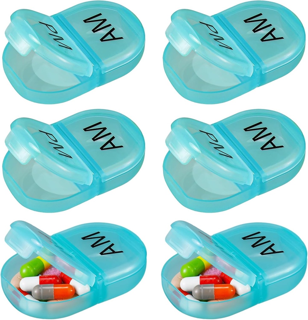 6 Pack Pill Organizer Pocket Small Case Holder Am Pm Pill Case Portable Two Compartment Round Travel 2 Times a Day for Vitamin Medication Supplement(Green)