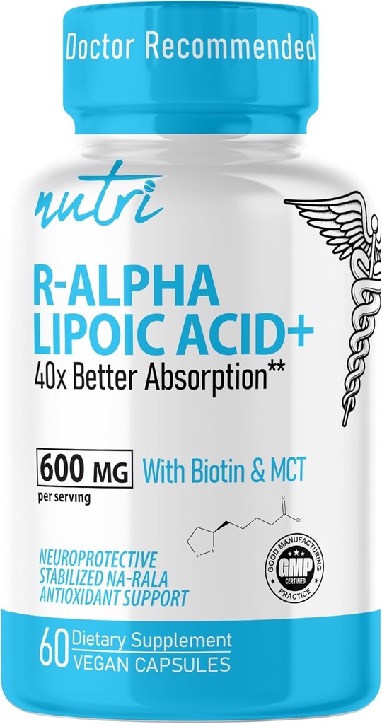 Acide alpha lipoïque Nutri R 600mg Capsules - Acide lipoïque R stabilisé avec Biotine - Forme active de R-ALA - 600 mg Posologie clinique - Powerful Cellular Energy Support - 60 Capsules Vegan - RALA