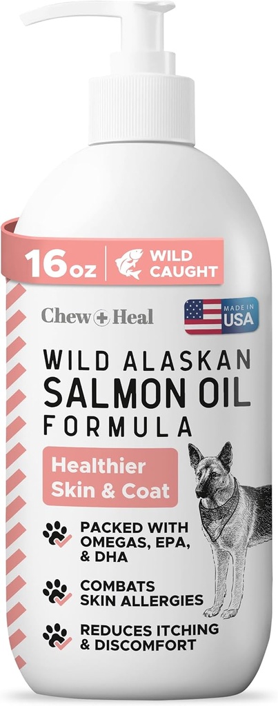 Huile de saumon sauvage de l'Alaska pour chiens - 16 oz de formule d'huile de poisson - Bouteille de bouchon de pompe - Contient Oméga-3 et 6, Vitamine D, EPA et DHA pour la peau et le manteau sains