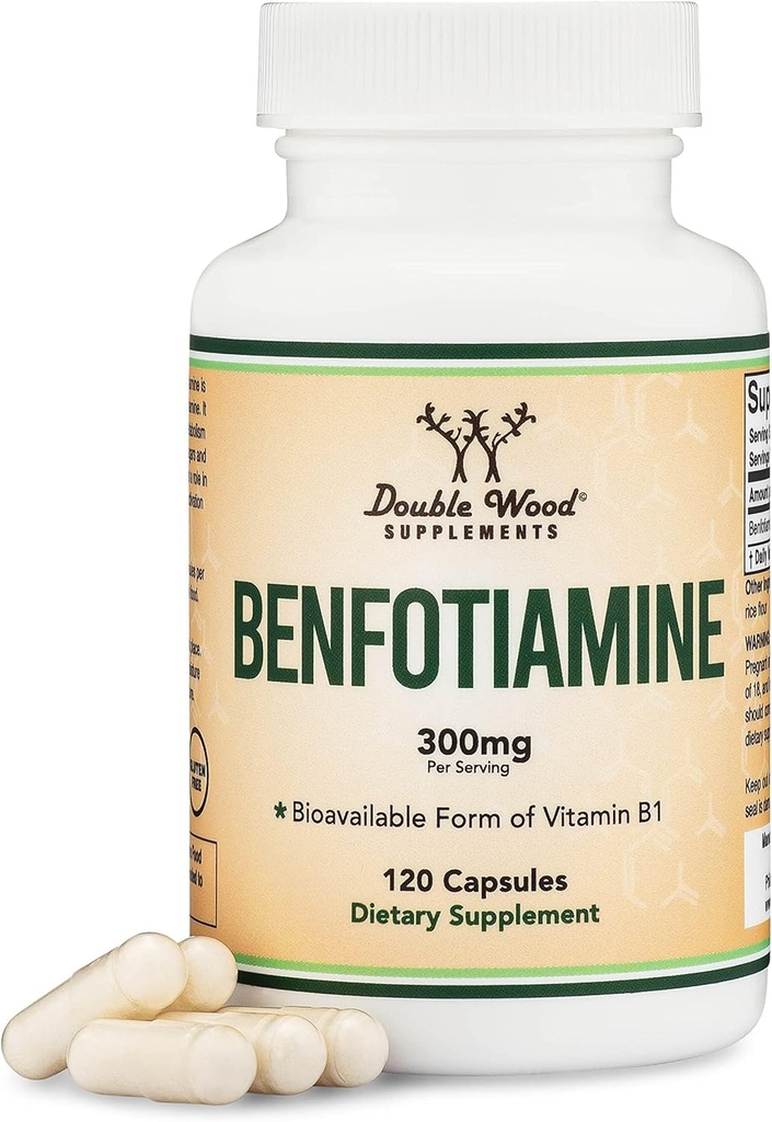 Benfotiamine 300mg portions (Troisième partie testée, 120 capsules, 150mg par bouchon) non-OGM, pour stimuler les niveaux de Thiamine B1 (plus absorbant que la Thiamine, graisse soluble) par le double bois
