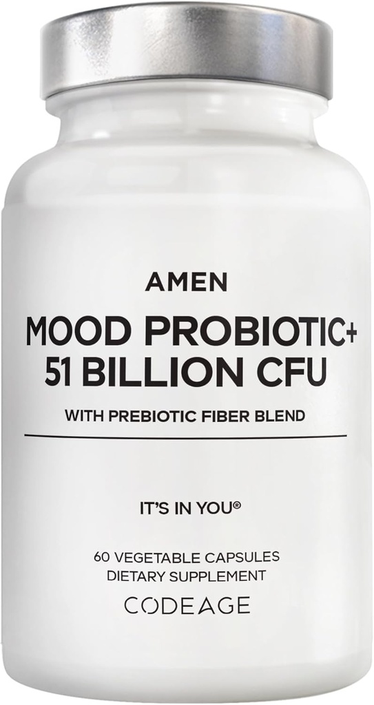 Amen Mood Probiotic Supplement 51 Million CFU - Prébiotiques et probiotiques biologiques - Acidocilus Probiotic Pills, Fibres - Mood Organic Ashwagandha, Bleuets - Vegan & Non-OGM - 60 Capsules