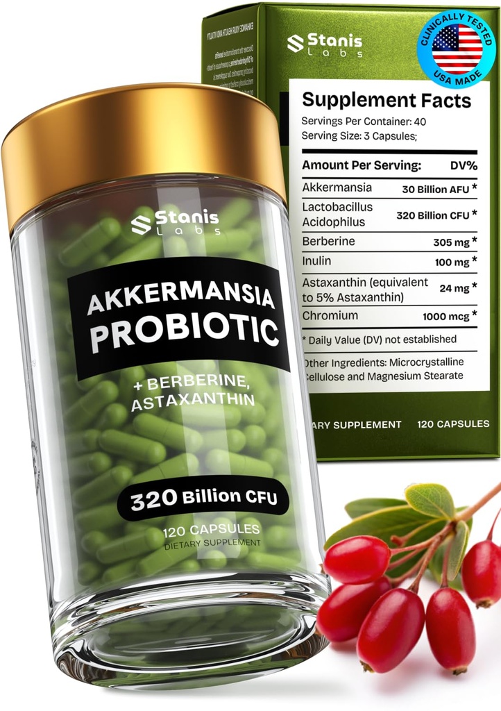 Akkermansia Muciniphila Probiotiques 320 Milliards CFU-GLP-1 Probiotiques et prébiotiques Akkermansia Probiotiques pour la santé de l'intestin . Inuline Prebiotique Fibre Capsules Astaxanthin & Berberine & Chromium 120 nombre