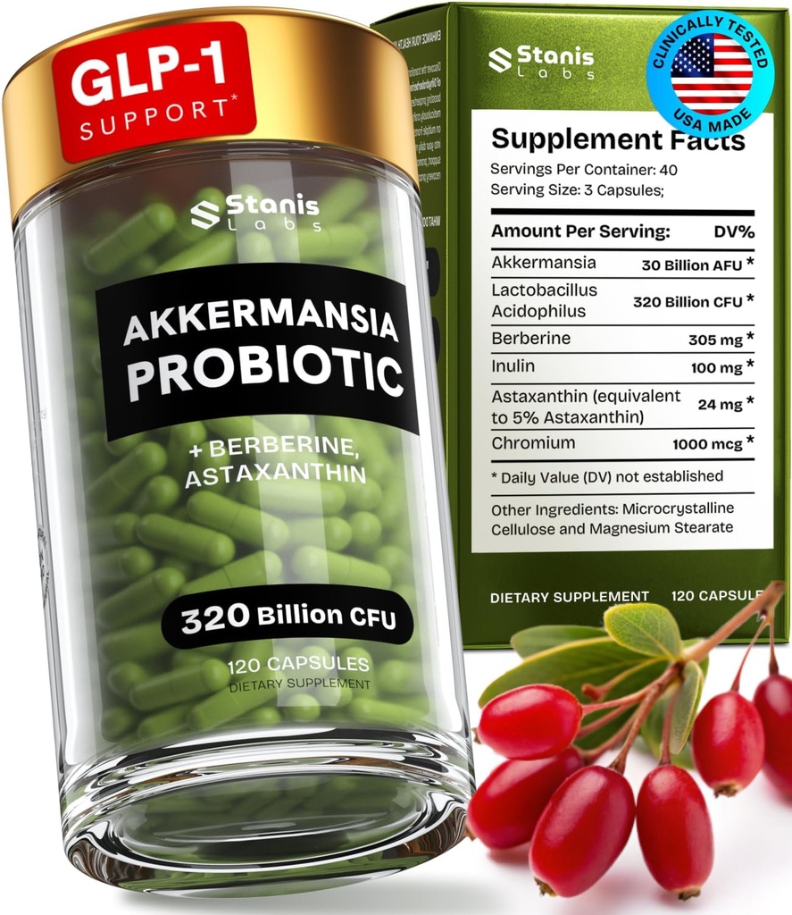 Akkermansia Muciniphila Probiotiques 320 Milliards CFU-GLP-1 Probiotiques et prébiotiques Akkermansia Probiotiques pour la santé de l'intestin . Inuline Prebiotique Fibre Capsules Astaxanthin & Berberine & Chromium 120 nombre