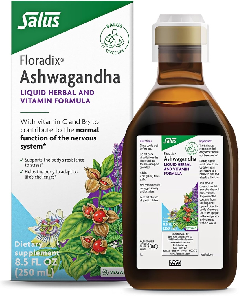 Floradix Ashwagandha Formule à base de plantes et de vitamines liquides - Supplément à base de plantes avec extrait d'Ashwagandha, vitamine C, B12 et plus - pour support du stress - Gentle to Digest - Vegan & Non-OGM - 8,5 fl oz
