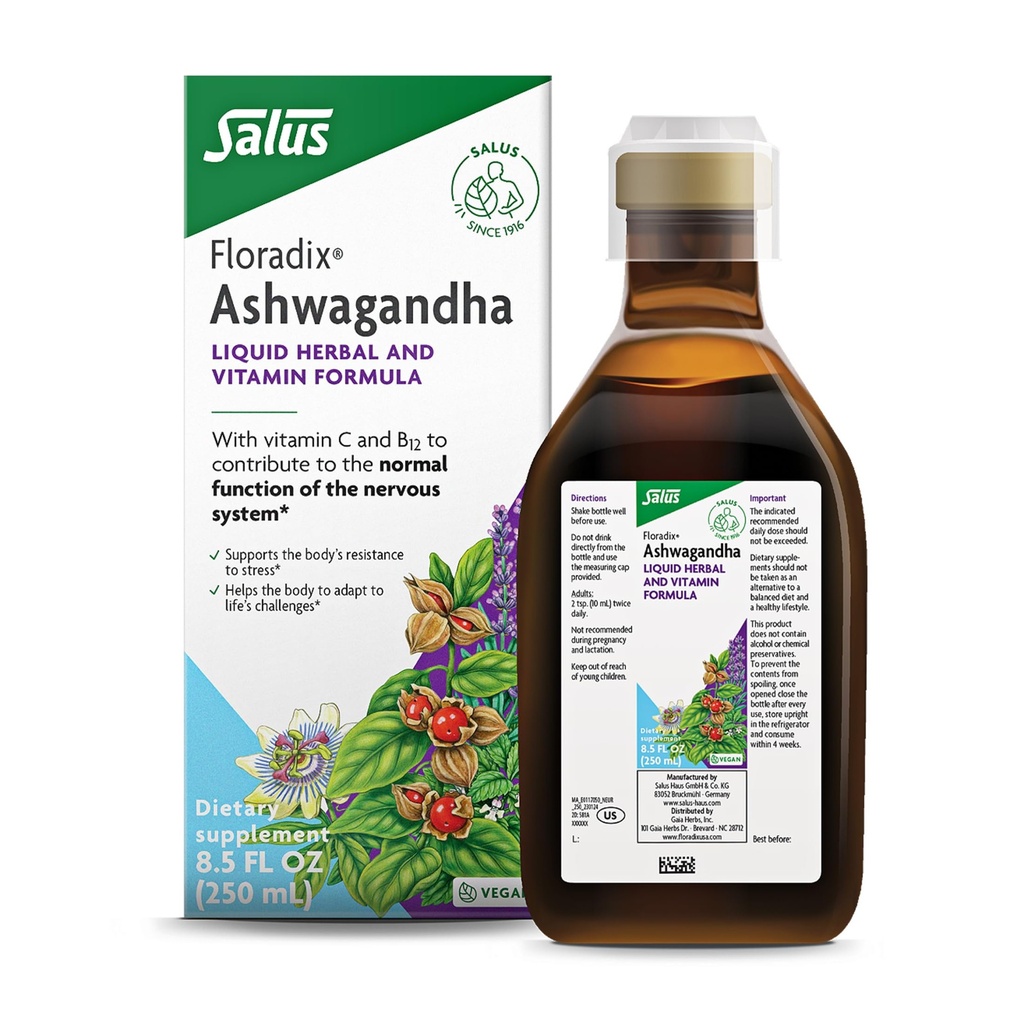 Floradix Ashwagandha Formule à base de plantes et de vitamines liquides - Supplément à base de plantes avec extrait d'Ashwagandha, vitamine C, B12 et plus - pour support du stress - Gentle to Digest - Vegan & Non-OGM - 8,5 fl oz