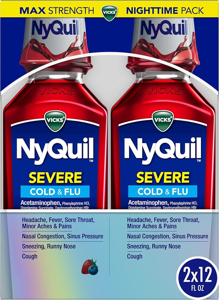 Vicks NyQuil SEVERE Médecine du rhume, de la grippe et de la congestion, 2x12 fl oz Twin Pack, Arôme de baie, Force maximale, Relief nocturne