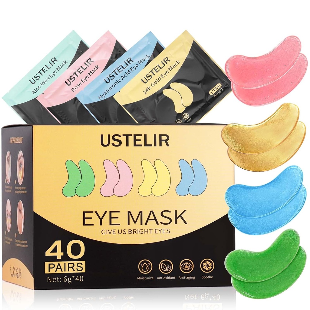 Under Eye Patches, 40 paires de masques pour les cernes foncés, yeux puants, sacs sous les yeux, rides, Eye Masque Patches avec or 24K, acide hyaluronique, Rose & Aloe Vera, traitement des yeux soins de la peau pour hommes et femmes Cadeau