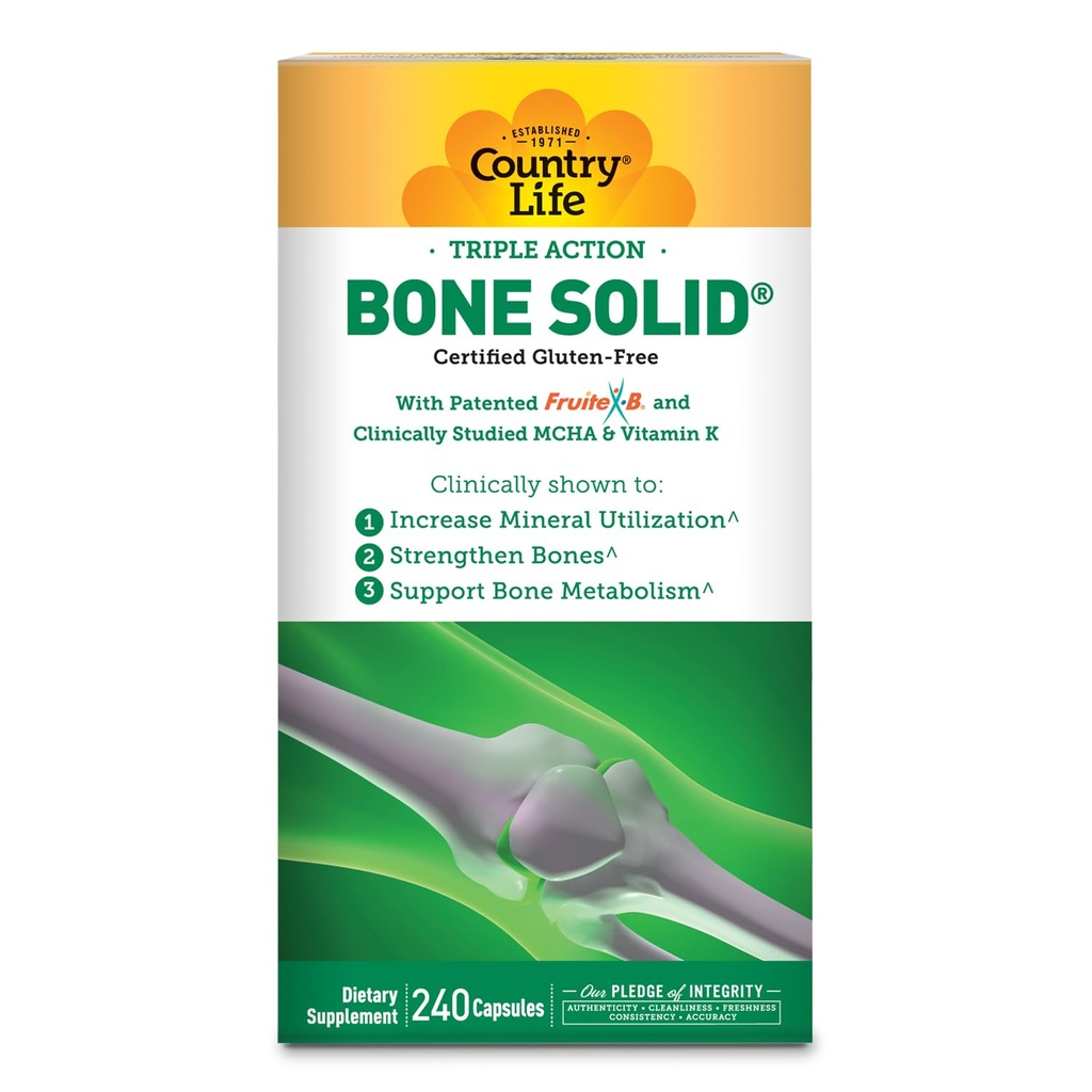 Country Life Bone Solid - Supplément santé os avec Hydroxyapatite microcristalline (MCHA), Calcium, Magnésium, Zinc, Vitamines K2 & D3 pour la force et le métabolisme des os - 240 capsules