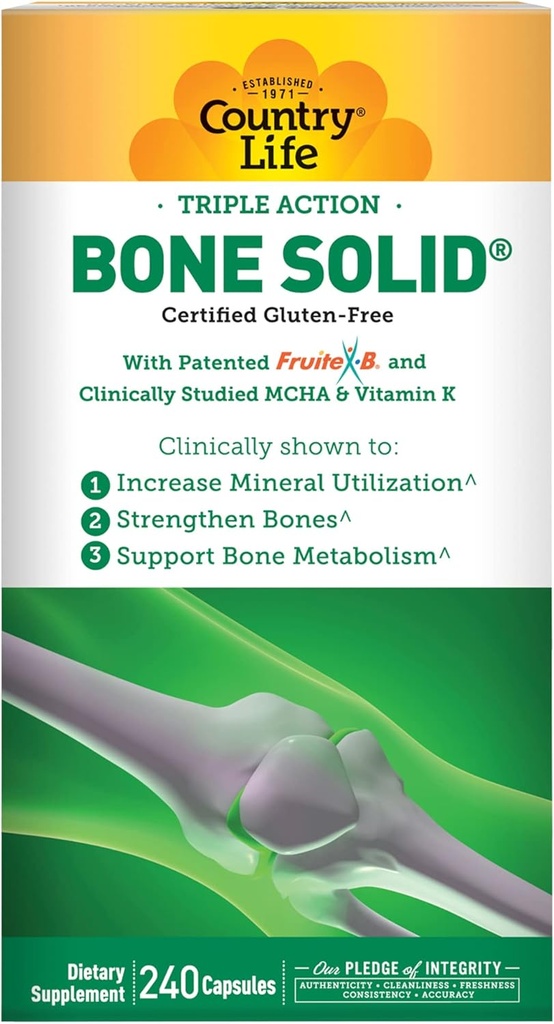 Country Life Bone Solid - Supplément santé os avec Hydroxyapatite microcristalline (MCHA), Calcium, Magnésium, Zinc, Vitamines K2 & D3 pour la force et le métabolisme des os - 240 capsules