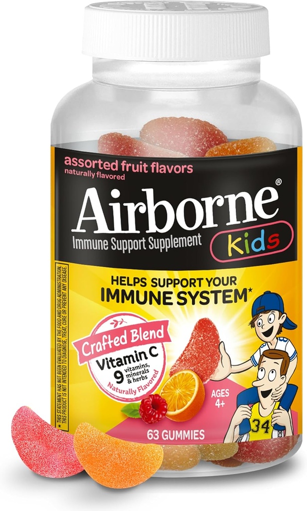 Vitamine C aéroportée 500mg (par portion) - Gommies pour enfants aromatisés aux fruits assortis (63 Compte dans une bouteille), supplément de soutien immunitaire sans gluten avec vitamines C E, Sélénium