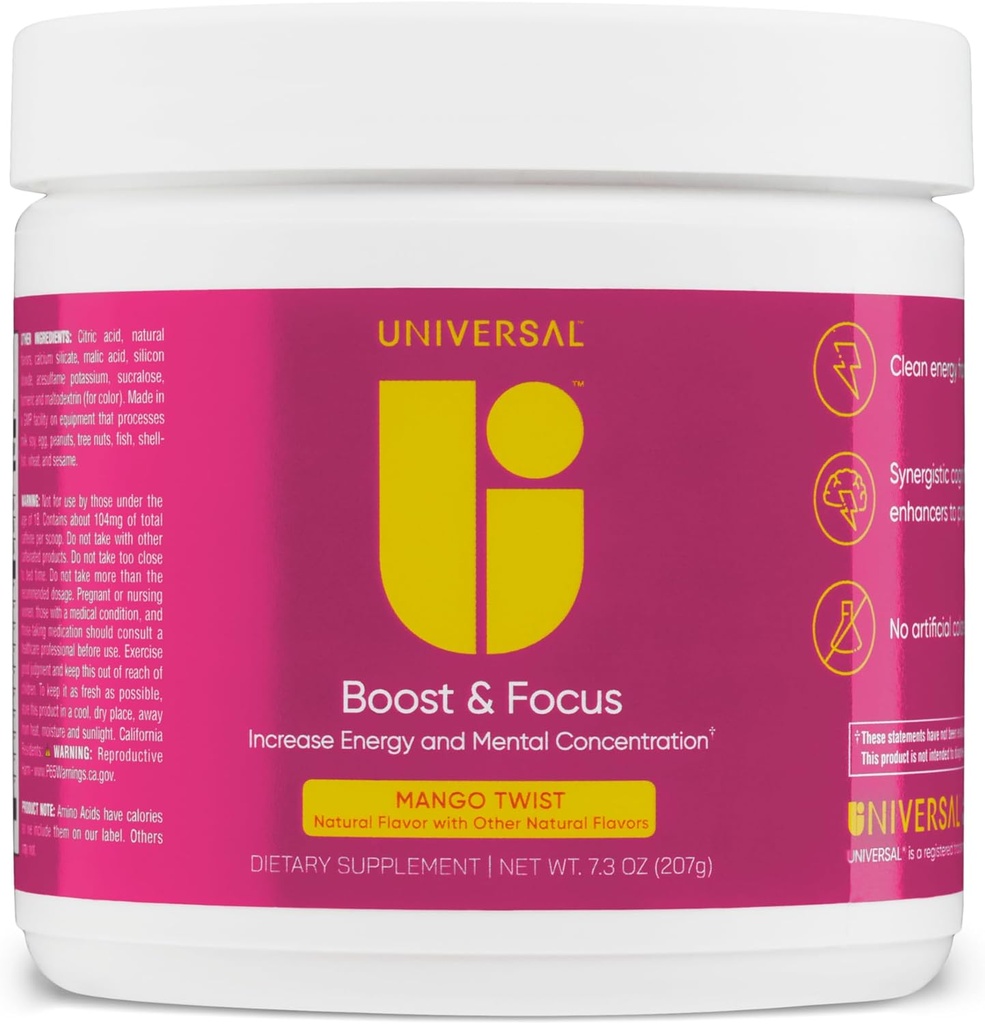 Universal U Boost & Focus Powder, Augmenter l'énergie et les performances cognitives, Préentraînement, Dosage sur mesure, VIT B12, Niacine, Choline, L-Tyrosine, Pas d'arôme artificiel, 30 portions (Mango Twist)