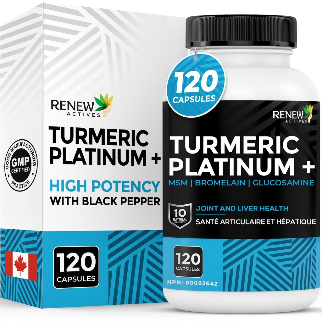 Renew Actives Turmeric Platinum 1350MG per 3 Capsules with Black Pepper & Ginger – Antioxidant, Liver & Digestive Support – Reduces Inflammation & Boosts Immunity – Made in Canada – 120 Capsules