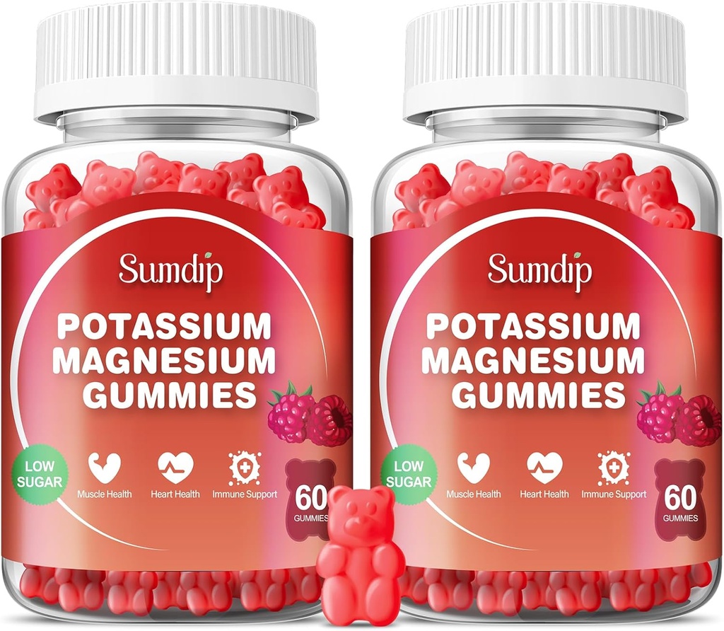 Magnésium Potassium Gummies, santé musculaire et cardiaque, crampes des jambes et sommeil, suppléments potassiques Gummy végétalien non-OGM sans gluten 60 Gummies-2 Pack, framboise