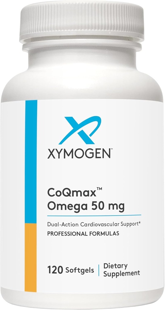 XYMOGEN CoQmax Omega 50 mg - CoQ10 + Supplément à l'huile de poisson Omega 3 - Soutien de santé cardiaque à double action - Coenzyme q10 + Huile de poisson spécialisée pour 3X Absorption accrue de DHA de l'EPA (120 Softgels)