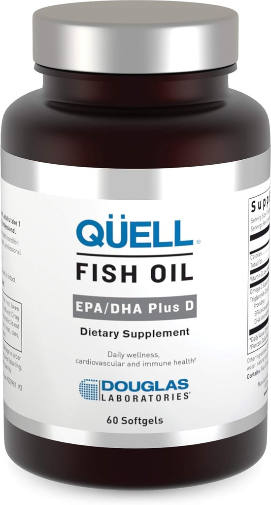 Douglas Laboratories Quell Fish Oil EPA/DHA Plus D=3:2 Ratio EPA/DHA Acides gras essentiels Oméga 3 Plus 1 000 I.U. de vitamine D3*=60 Softgels