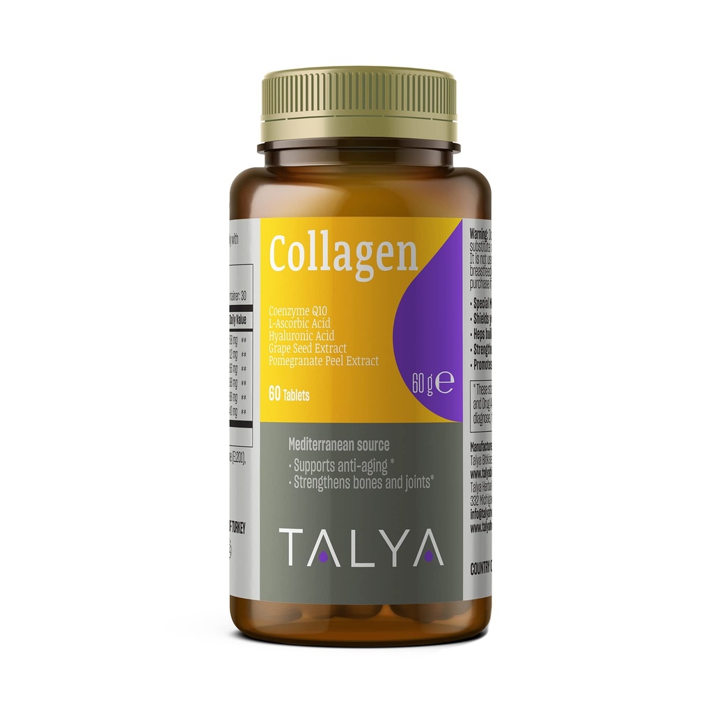 Pilules de collagène TALYA avec acide hyaluronique + vitamine C. Collagène hydrolysé pour femmes et hommes.