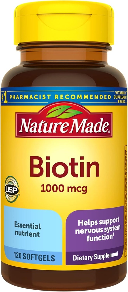 Nature Made Biotin 1000 mcg, complément alimentaire soutient cheveux et peau sains, 120 Softgels, 120 jours d'approvisionnement
