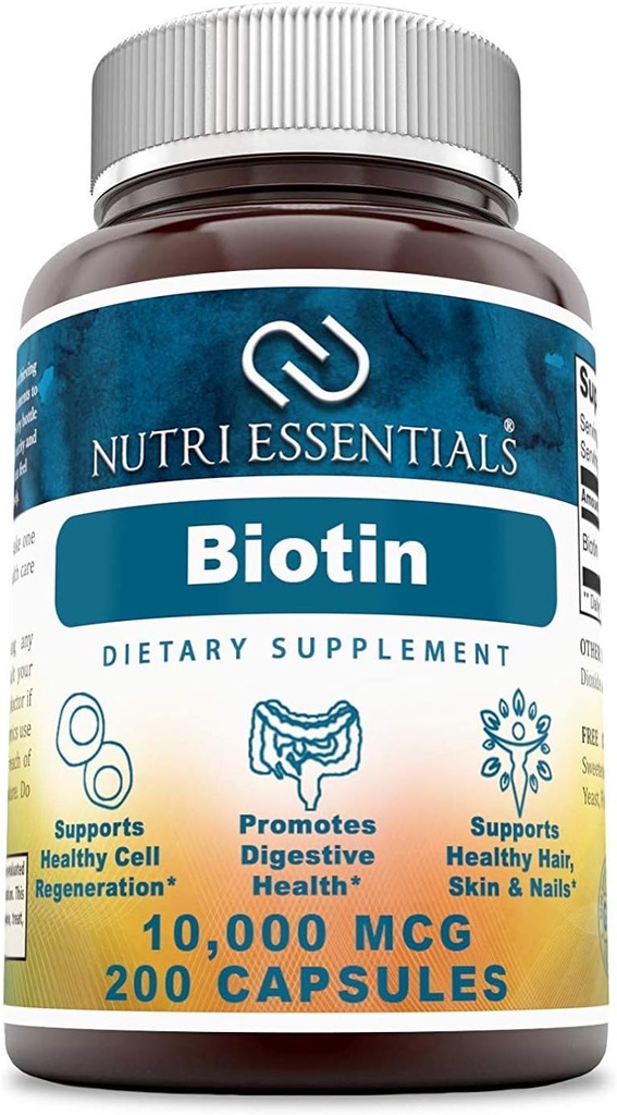 Biotine 10 000 Mcg 200 Capsules (non-OGM)- Soutient la santé des cheveux, de la peau et des ongles - favorise le rajeunissement cellulaire et la production d'énergie*