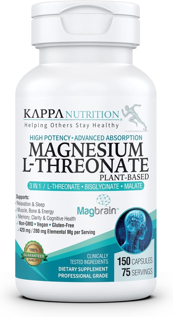 Kappa Nutrition Propulsé par MagbrainTM Magnésium L-Thréonate à base végétale, 420mg Magnésium élémentaire (3 Capsules) de 2,253mg, 150 Capsules Vegan, Cerveau, Sommeil et Soutien musculaire.
