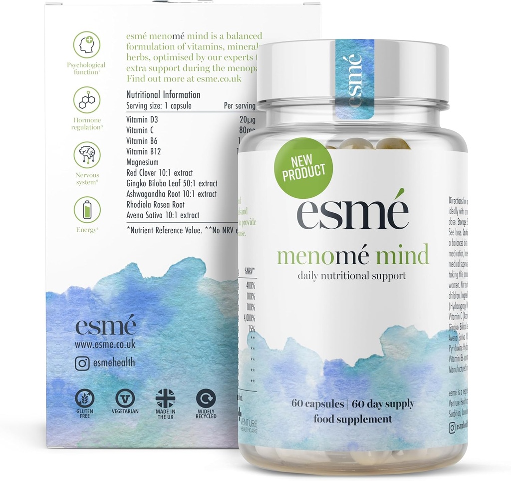 esmé menomé Mind - Daily Nutritional Support Before, During and After The Menopause – Two Month Supply of 60 Capsules, Contain ashwagandha and Gingko biloba
