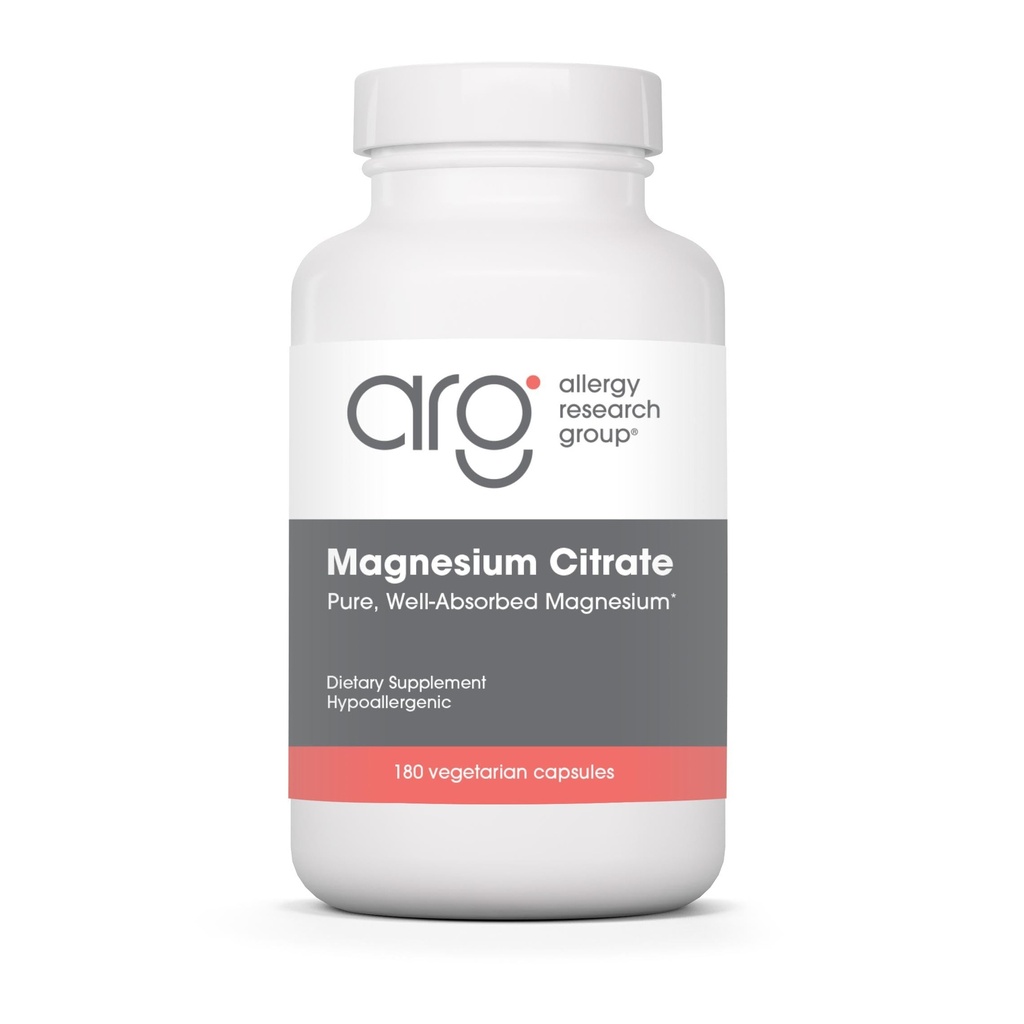 Groupe de recherche sur l'allergie Supplément de citrate de magnésium - Capsules de citrate de magnésium pur pour le calme, le sommeil, la constipation et la digestion pour les femmes et les hommes, 170 mg par pilule - 180 Capsules végétariennes