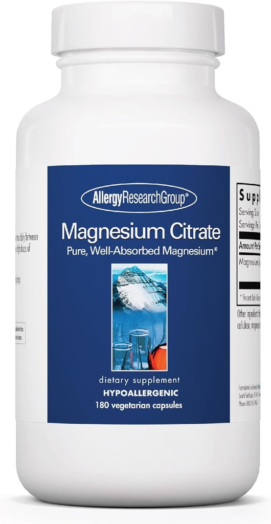 Groupe de recherche sur l'allergie Supplément de citrate de magnésium - Capsules de citrate de magnésium pur pour le calme, le sommeil, la constipation et la digestion pour les femmes et les hommes, 170 mg par pilule - 180 Capsules végétariennes