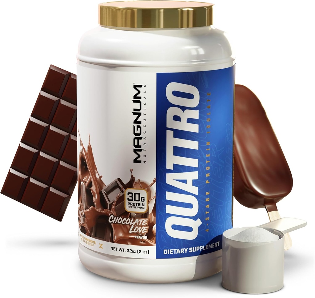 Magnum Nutraceuticals Quattro Whey Protéine Poudre, Chocolate Love 2lb – Mélange Isolé de protéines premium pour la croissance et la récupération musculaire