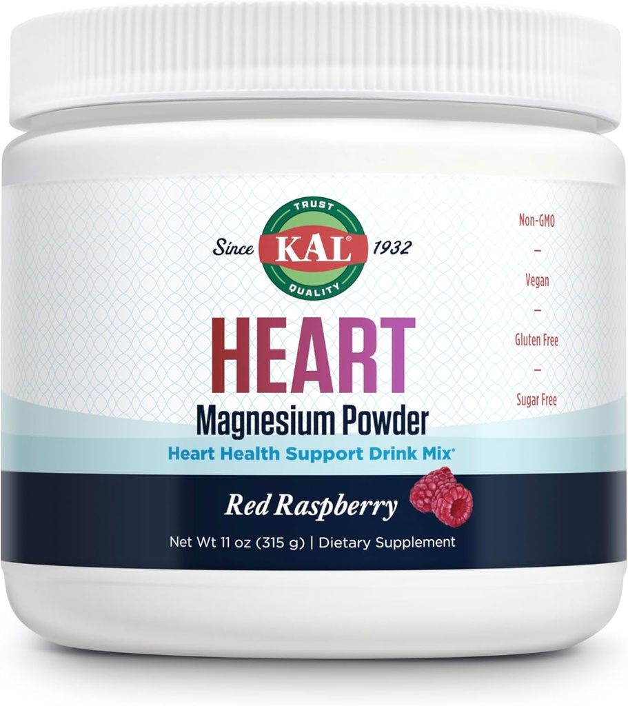KAL coeur poudre de magnésium, framboise rouge, soutien de santé cardiaque, mélange de boisson de magnésium, supplément de magnésium, sans sucre, 70 portions, 11 OZ