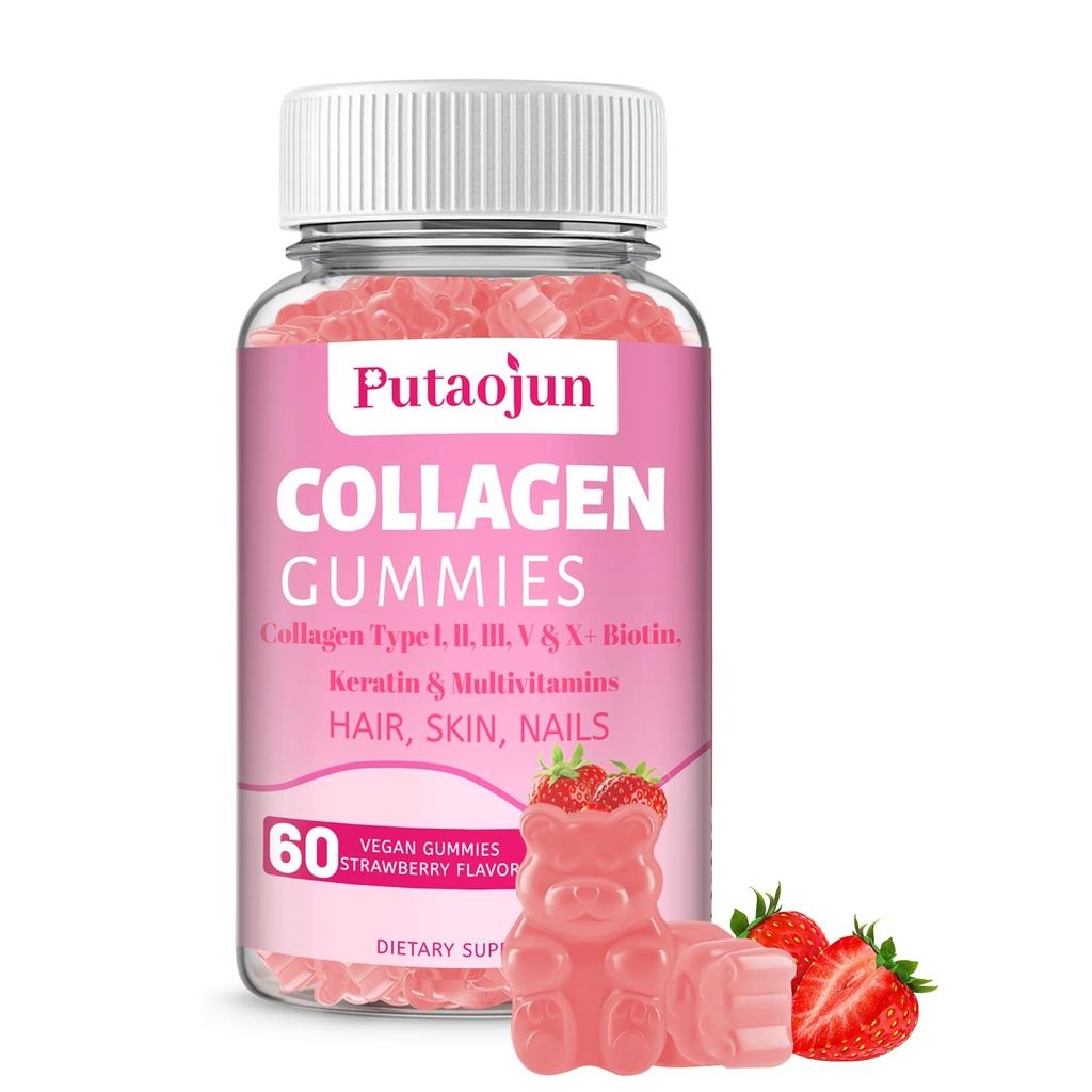 Collagen Gummies | Hair, Skin & Nails Gummies with Biotin Vitamin C, E, & Zinc | Strawberry Flavored | Collagen for Women | Strawberry Flavored | 60 Count