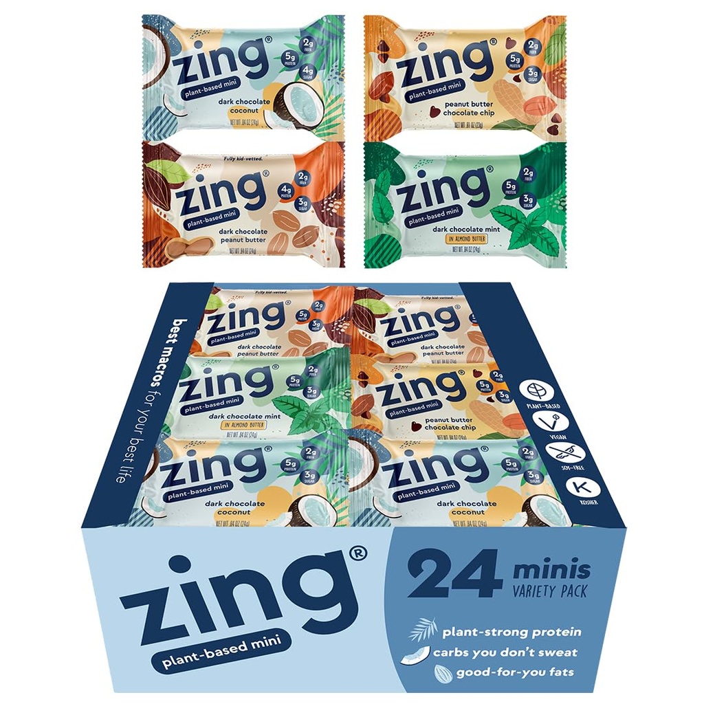 Zing Kids Protein Bars Variety Pack, sans gluten 100 Calorie Mini Bars à haute teneur en protéines, barres de nutrition végétalienne, protéines végétales sans lait - 24 nombre