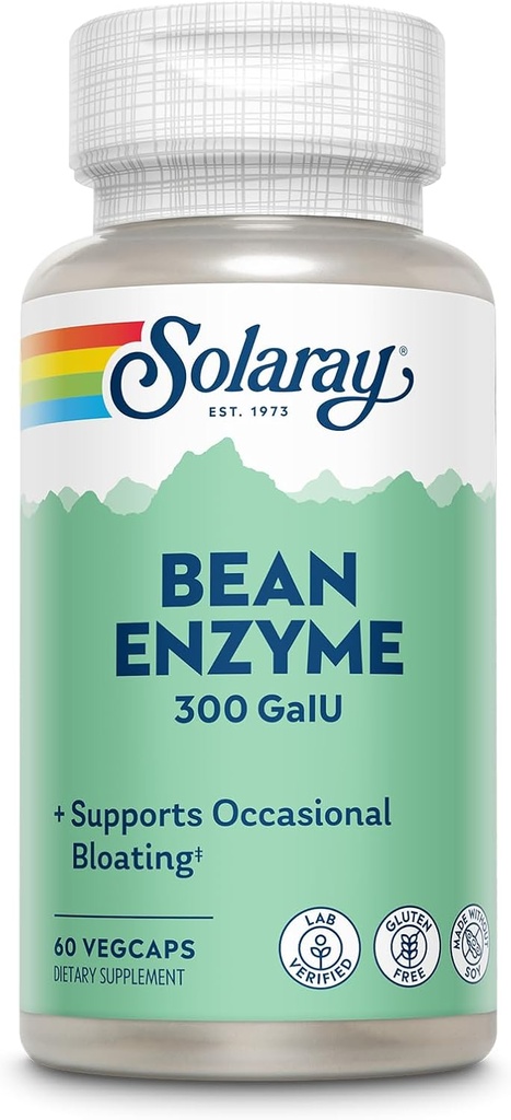 SOLARAY Enzyme de haricots 300 GalU - Alpha Galactosidase Enzymes digestifs pour les femmes et les hommes - Supplément de santé digestive - Soutiens Bloating occasionnel et soulagement du gaz pour les adultes - 60 portions, 60 VegCaps