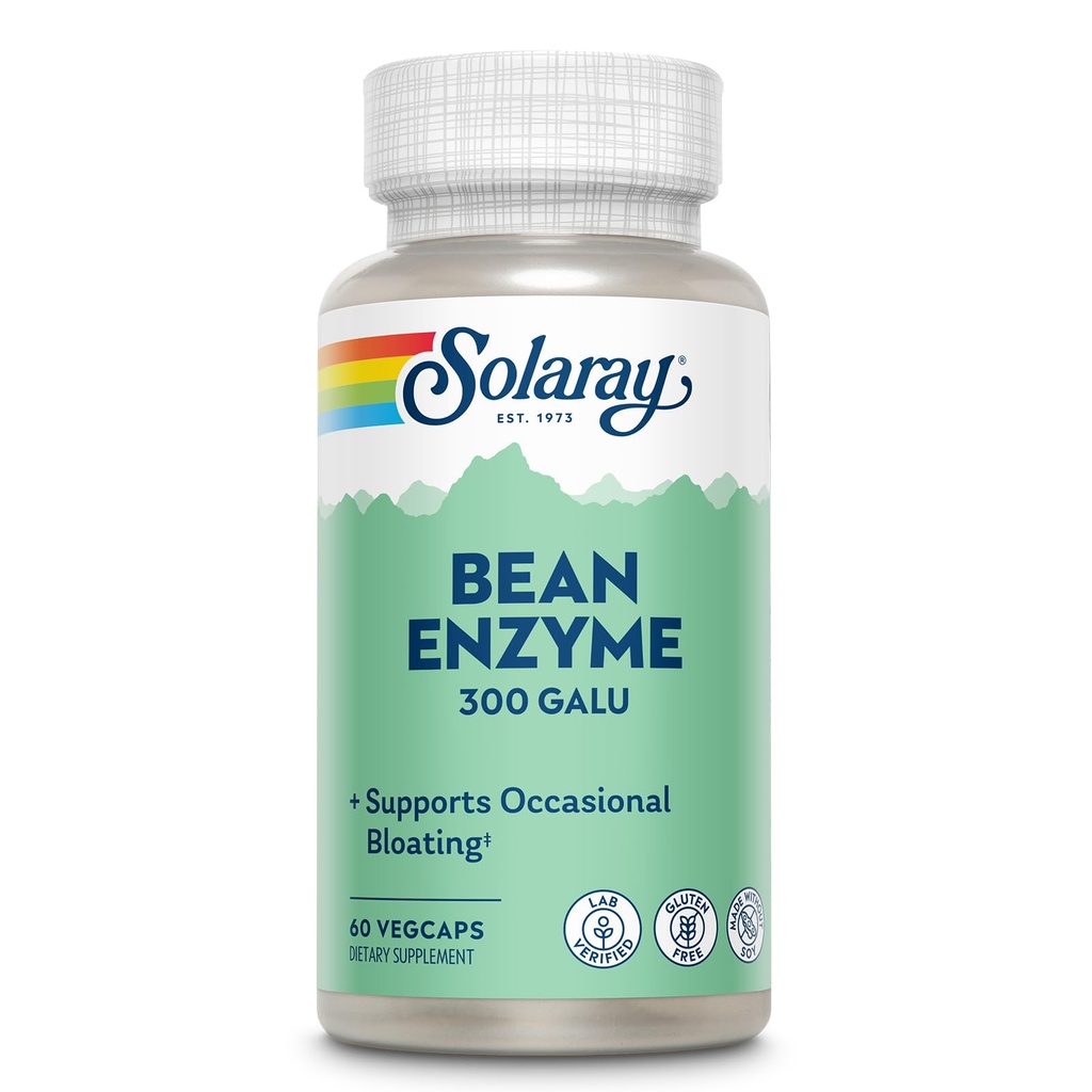 SOLARAY Enzyme de haricots 300 GalU - Alpha Galactosidase Enzymes digestifs pour les femmes et les hommes - Supplément de santé digestive - Soutiens Bloating occasionnel et soulagement du gaz pour les adultes - 60 portions, 60 VegCaps