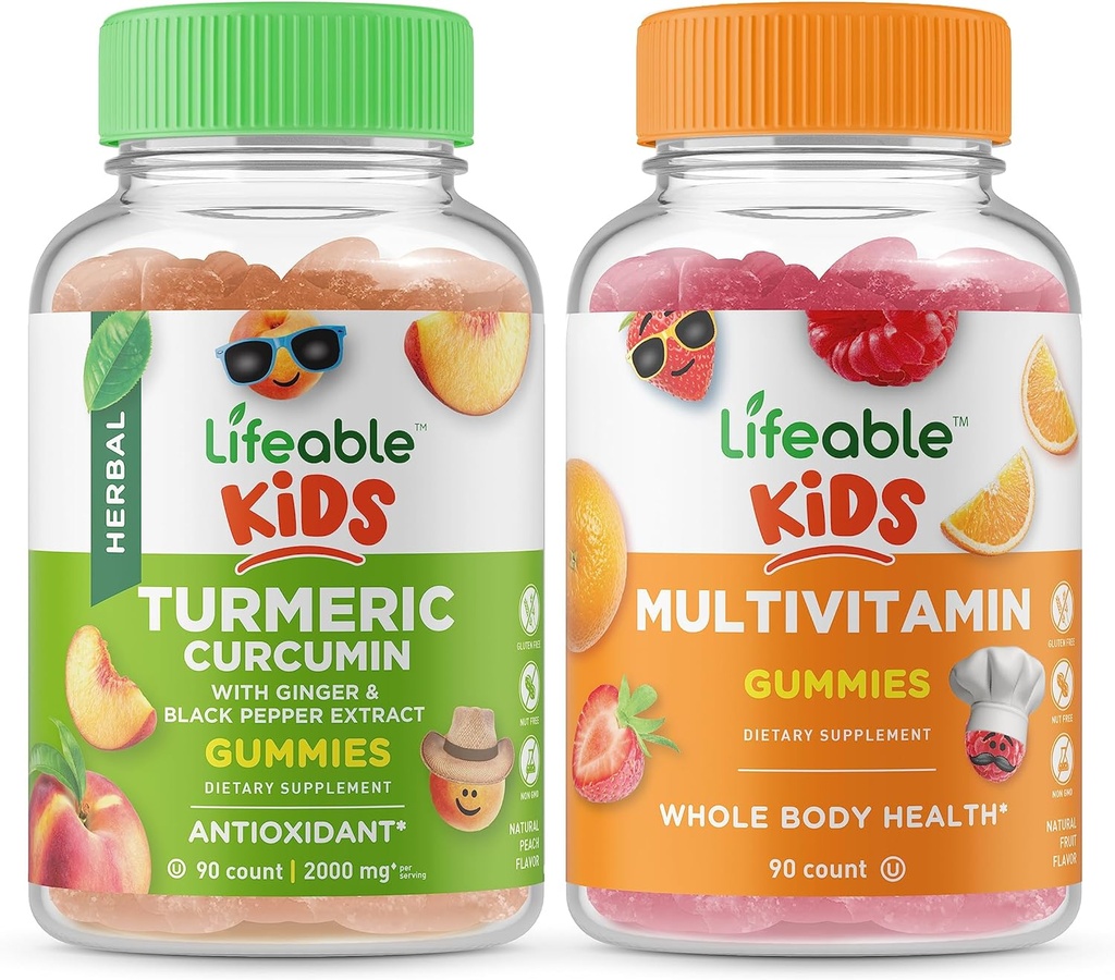 Curcumine curcumine curcuma vieable enfants + multivitamines enfants, bundle de gommes - Grande dégustation, supplément de vitamine, sans gluten, sans OGM, gommy à croquer