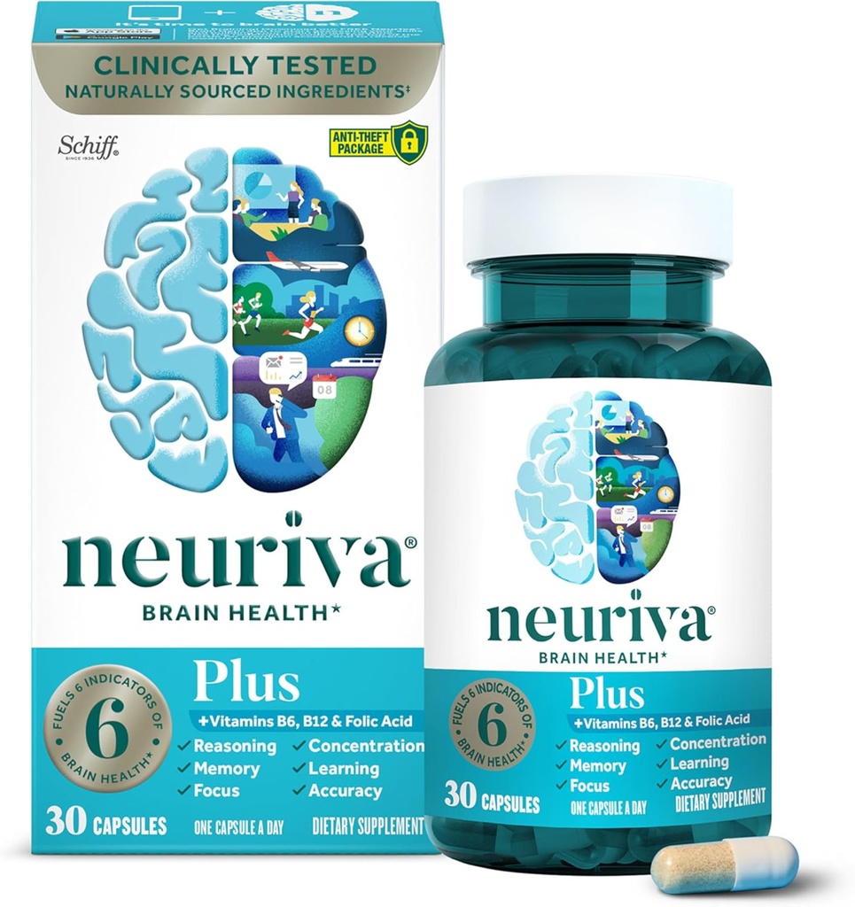 NEURIVA Plus Supplément Cerveau pour mémoire et focalisation Nootropiques testés cliniquement pour la concentration pour la clarté mentale, amélioration cognitive Vitamines B6, B12, Phosphatidylsérine 30 Capsules