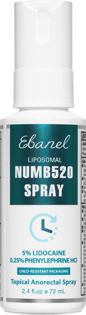 Ebanel 5% Lidocaïne Spray de soulagement de la douleur Numb520 Brûler Démangeaison Spray de numbage pour la peau, Anesthésie topique Traitement hémorroïde postpartum avec Phénylephrine pour les utilisations locales et anorectales