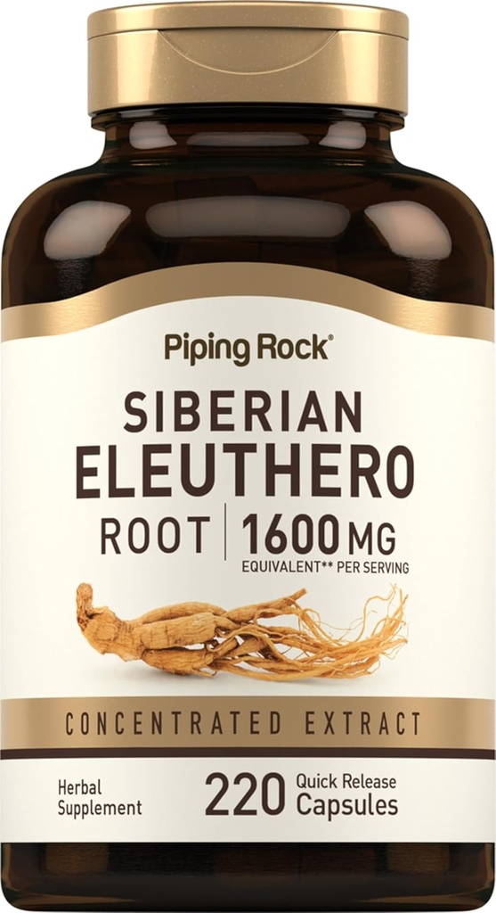 Piping Rock Capsules de racines éleuthéro sibériennes 1600 mg , 220 Count , 220 Extrait concentré de plantes , Supplément sans gluten