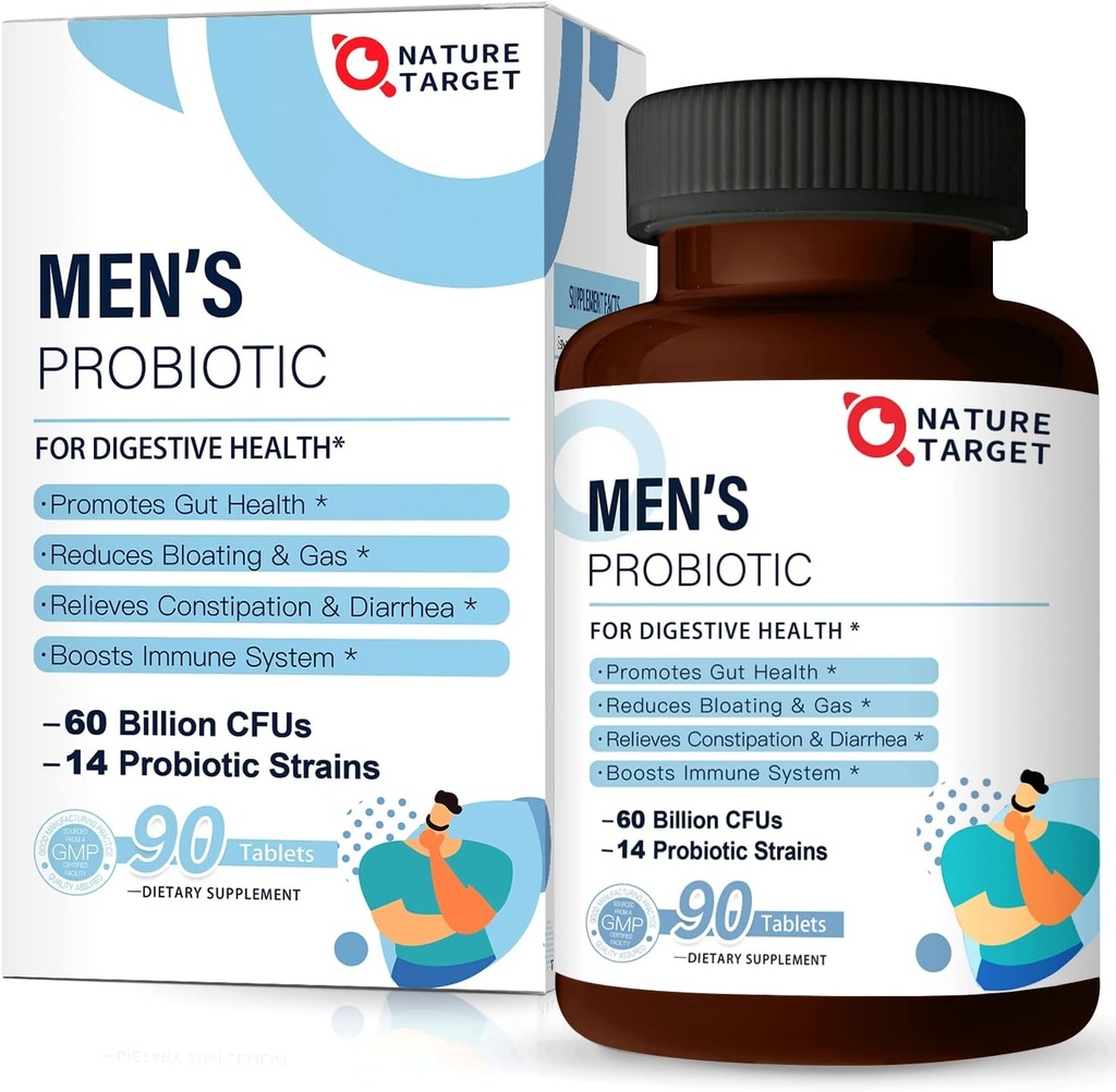 NATURE TARGET Probiotics for Men with Men Care Supplement, Prebiotics & Probiotic for Men's Digestive and Immune Health,60 Billion CFUs & 14 Strains Shelf Stable, Gluten & Soy Free (90 Tablets)