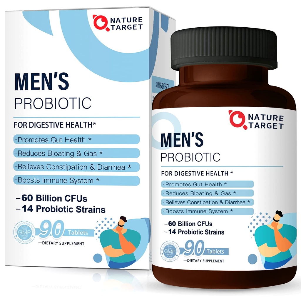 NATURE TARGET Probiotiques pour les hommes avec des suppléments de soins pour les hommes, prébiotiques et probiotiques pour la santé digestive et immunitaire des hommes,60 Million CFUs et 14 souches plateau stable, sans gluten et sans soja (90 comprimés)