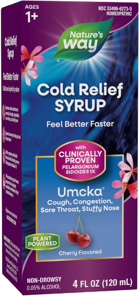 Nature's Way Cold Relief Sirop, Umcka, raccourcit la durée et réduit la gravité, multisymptômes Cold Relief, homéopathique, Phenylephrine Free, non somnolent, cerise aromatisée, 4 Fl Oz (paquetage mai Vary)