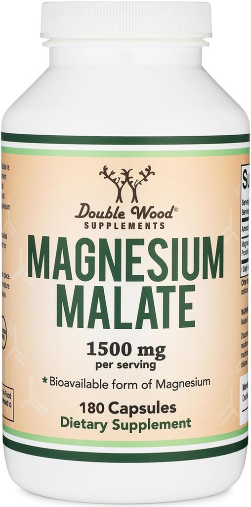 Capsules de malate de magnésium (180 Nombre) - 1 500 mg par portion (Magnésium lié à l'acide malique), tiers testés, végétaliens amis, sans gluten par des suppléments en double bois