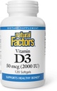 Facteurs naturels, vitamine D3 2000 UI (50 mcg), soutient les os forts, les muscles et la fonction immunitaire, 120 softgels