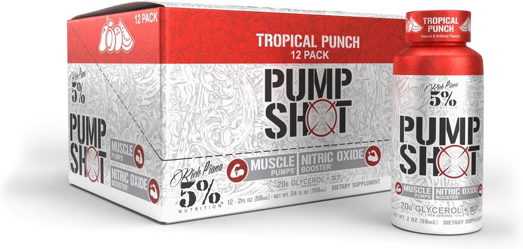 5% Nutrition Riche pompe Piana shot liquide glycérol oxyde booster, Stim libre avant l'entraînement de 20 000 mg avec des pompes, hydratation d'arôme de punch de fruits (12 Pack Caddy)