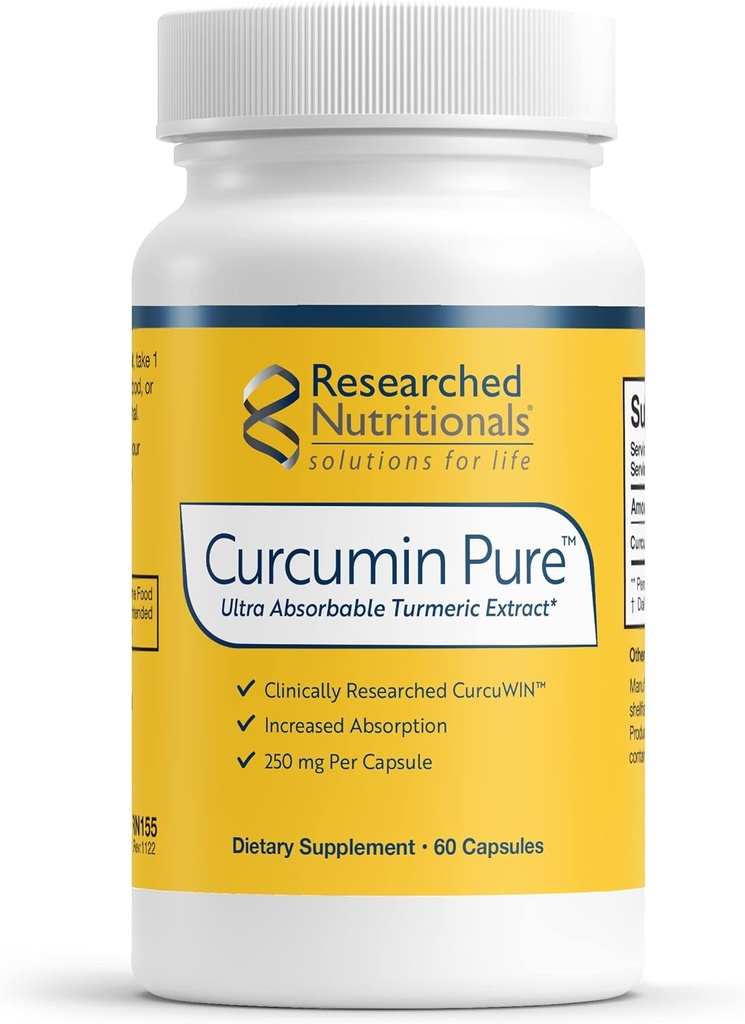 Recherches nutritionnelles Curcumine Pure - Extrait de Curcumine cliniquement étudié, 46x Plus absorbant que l'extrait de curcumine traditionnel (60 capsules de curcumine végétalienne)