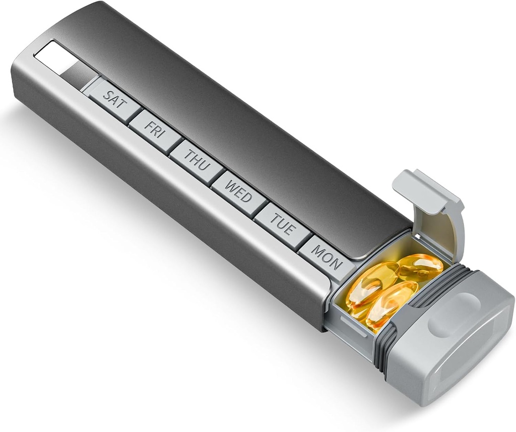 Organisateur de pilules de voyage hebdomadaire, 1 fois par jour, Mise à niveau de l'alliage d'aluminium premium Pill Daily Box 7 Day, Portable Metal Pill Case, porte-pilule mignon pour tenir les vitamines, médicaments, pilules, suppléments (Grey)