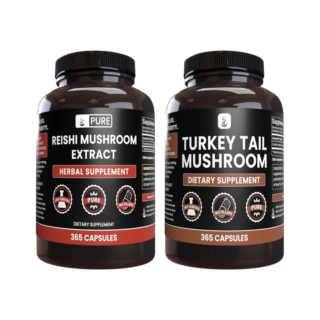 PURE ORIGINAL INGRÉDIENTS Reishi Mushroom & Turkey Tail Mushroom Capsule Bundle (365 Capsules), Toujours Pure, Pas d'additifs ou de remplissage